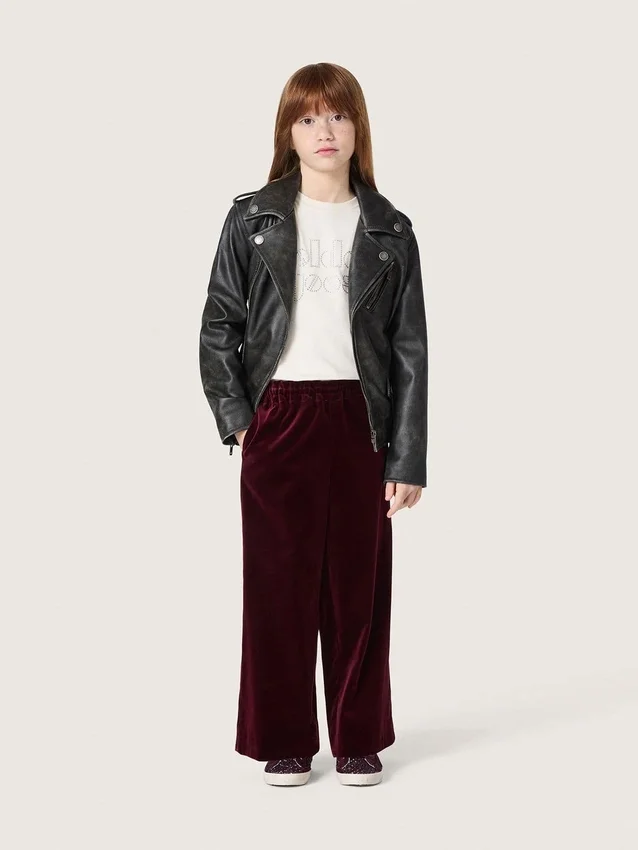 Pantaloni da bambina color bordeaux effetto velluto con tasca posteriore