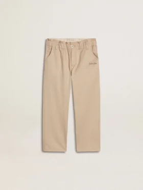 Pantaloni da bambine in cotone beige con ricami
