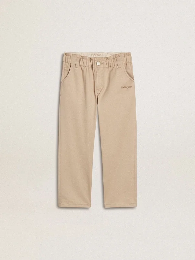Pantaloni da bambine in cotone beige con ricami