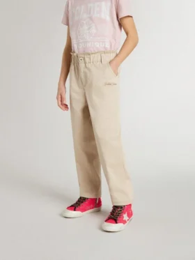 Pantaloni da bambine in cotone beige con ricami
