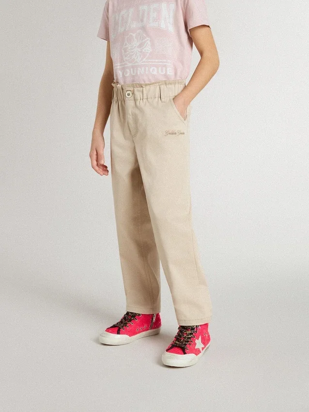 Pantaloni da bambine in cotone beige con ricami