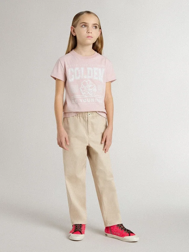 Pantaloni da bambine in cotone beige con ricami