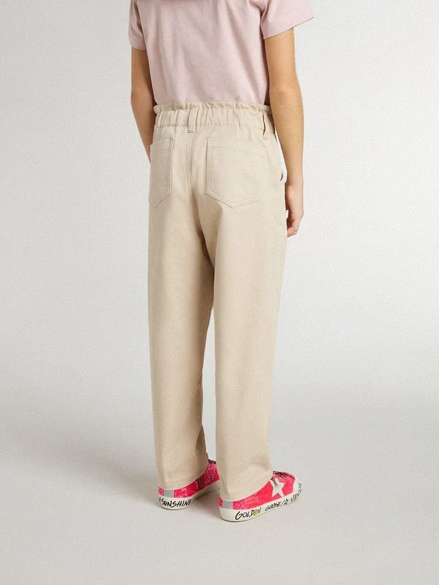 Pantaloni da bambine in cotone beige con ricami