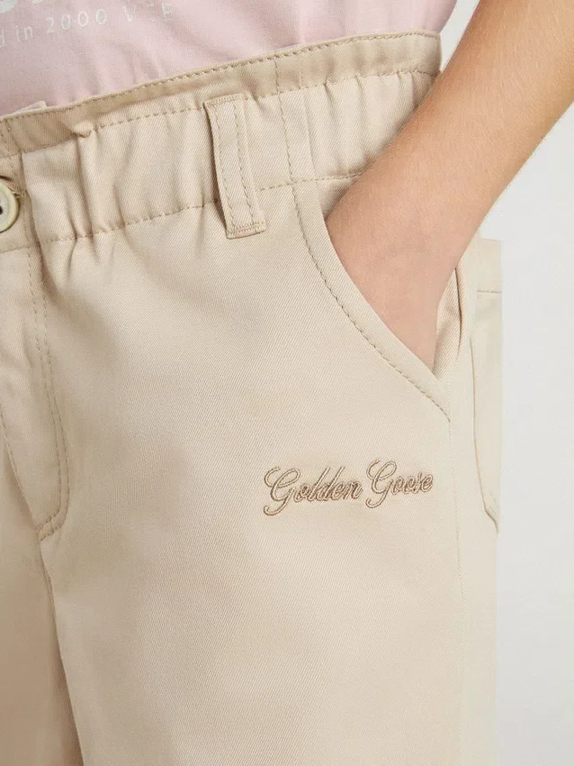 Pantaloni da bambine in cotone beige con ricami