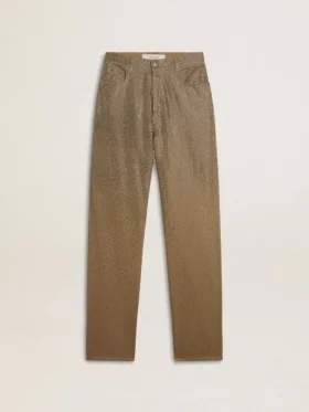Pantaloni da donna in cotone color kaki con effetto Swarovski sfumato