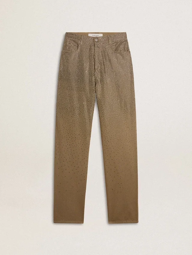 Pantaloni da donna in cotone color kaki con effetto Swarovski sfumato