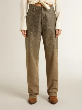 Pantaloni da donna in cotone color kaki con effetto Swarovski sfumato