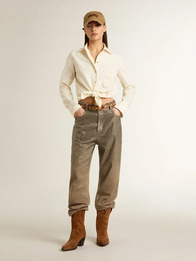 Pantaloni da donna in cotone color kaki con effetto Swarovski sfumato