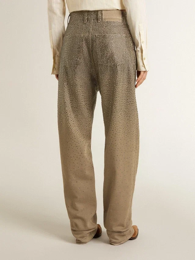 Pantaloni da donna in cotone color kaki con effetto Swarovski sfumato