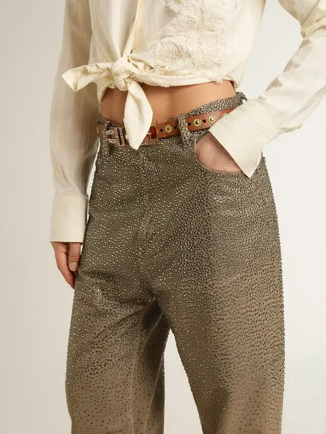 Pantaloni da donna in cotone color kaki con effetto Swarovski sfumato