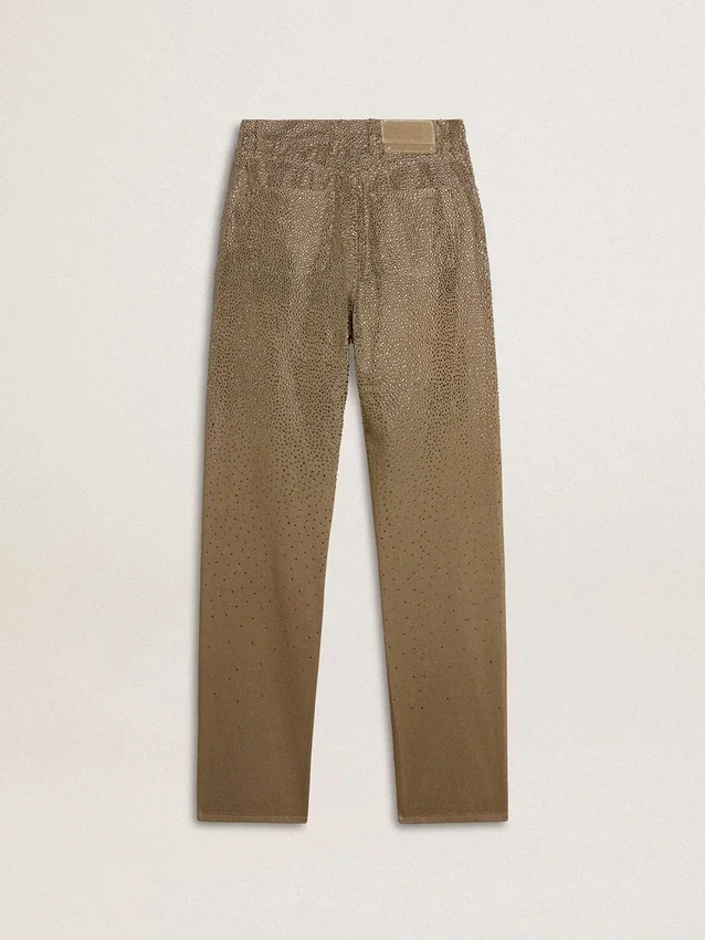 Pantaloni da donna in cotone color kaki con effetto Swarovski sfumato