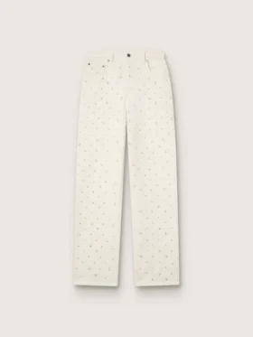 Pantaloni da donna in denim bianco con perline e cristalli