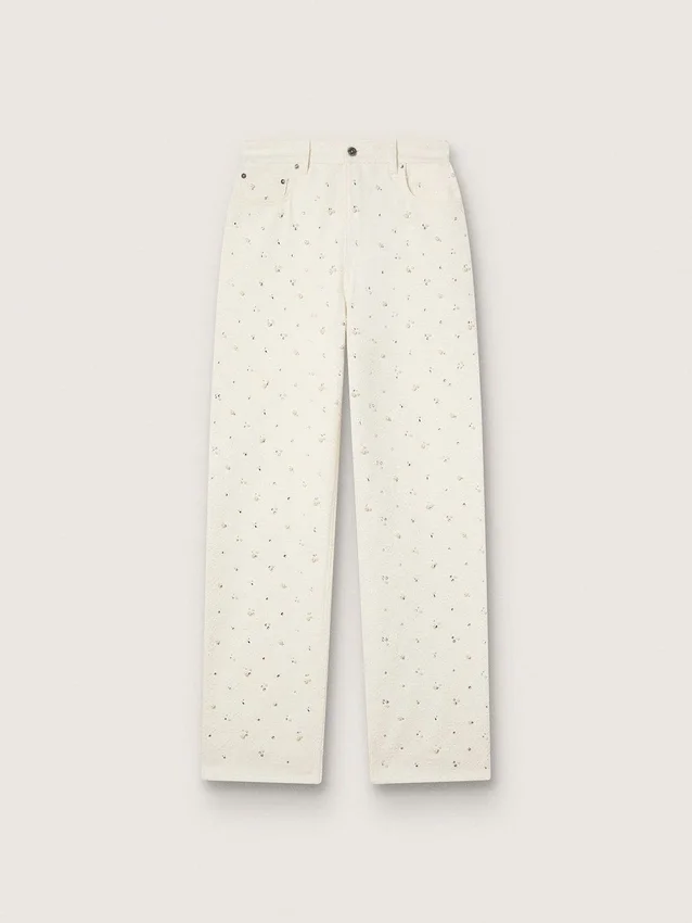 Pantaloni da donna in denim bianco con perline e cristalli