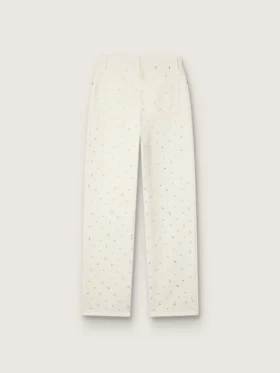 Pantaloni da donna in denim bianco con perline e cristalli