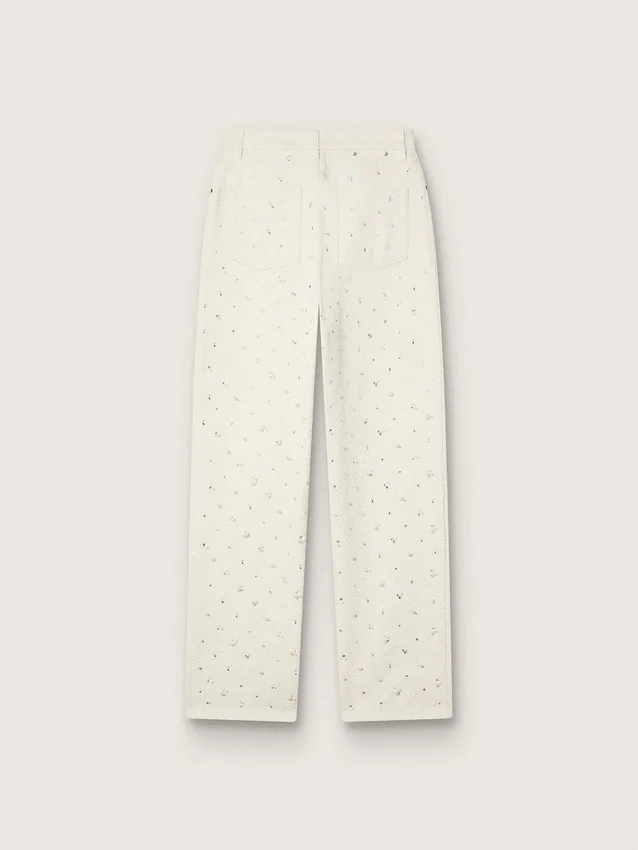 Pantaloni da donna in denim bianco con perline e cristalli