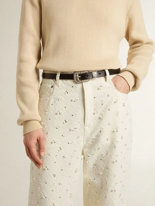 Pantaloni da donna in denim bianco con perline e cristalli