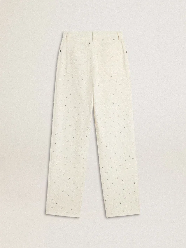 Pantaloni da donna in denim bianco con perline e cristalli