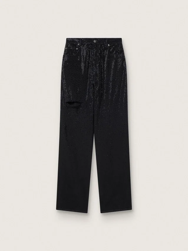 Pantaloni da donna in denim di cotone con decorazioni in cristallo con effetto sfumato