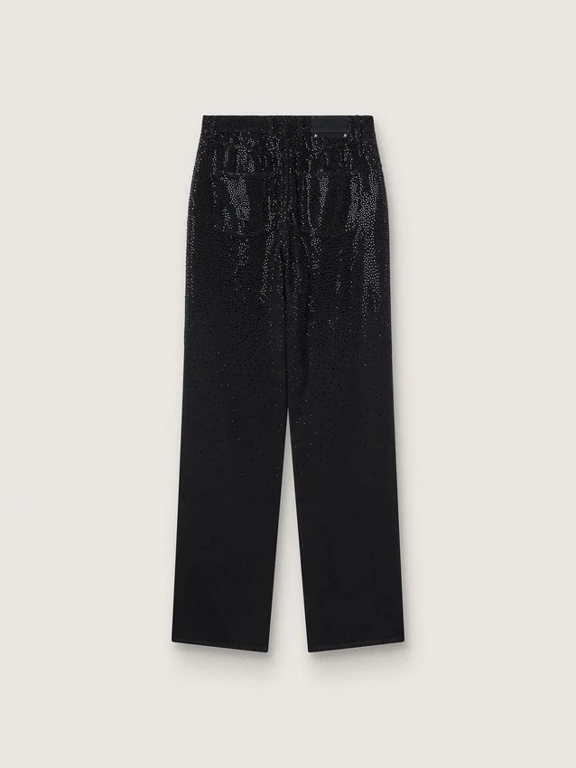 Pantaloni da donna in denim di cotone con decorazioni in cristallo con effetto sfumato