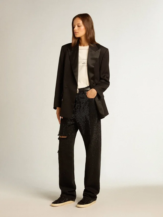 Pantaloni da donna in denim di cotone con decorazioni in cristallo con effetto sfumato