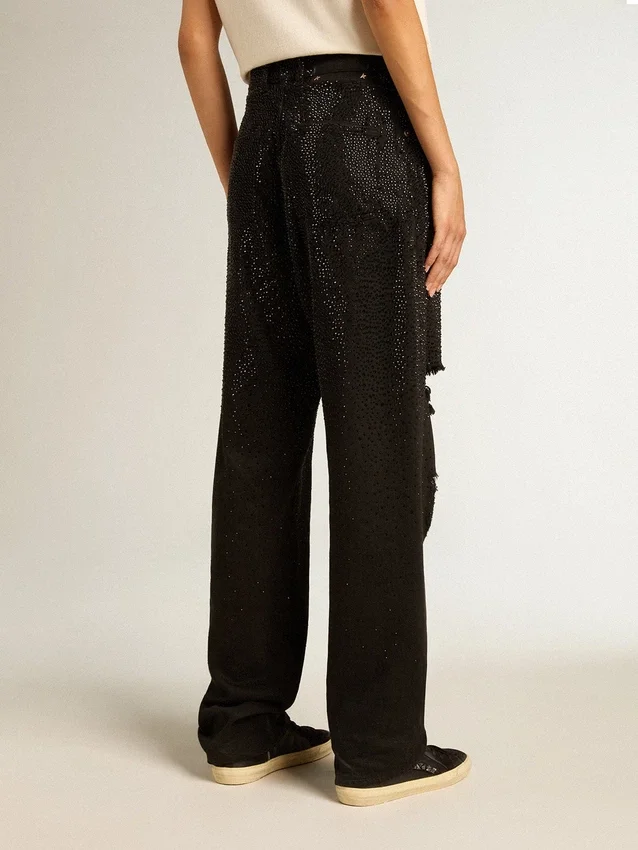 Pantaloni da donna in denim di cotone con decorazioni in cristallo con effetto sfumato