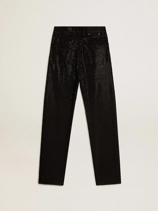 Pantaloni da donna in denim di cotone con decorazioni in cristallo con effetto sfumato