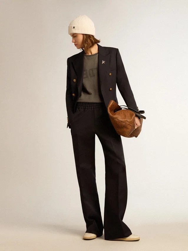 Pantaloni da donna in gabardina di lana blu scuro