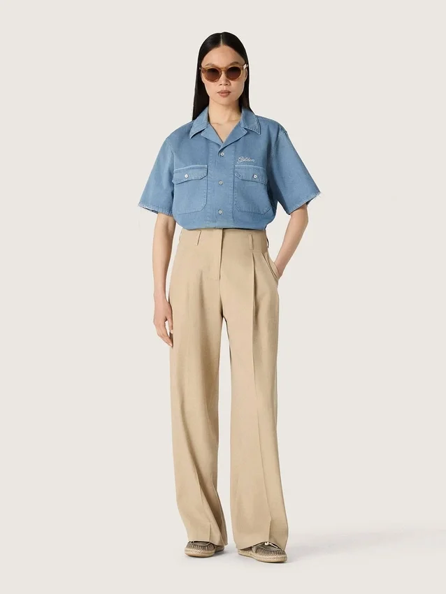 Pantaloni da donna in gabardina di lana color sabbia