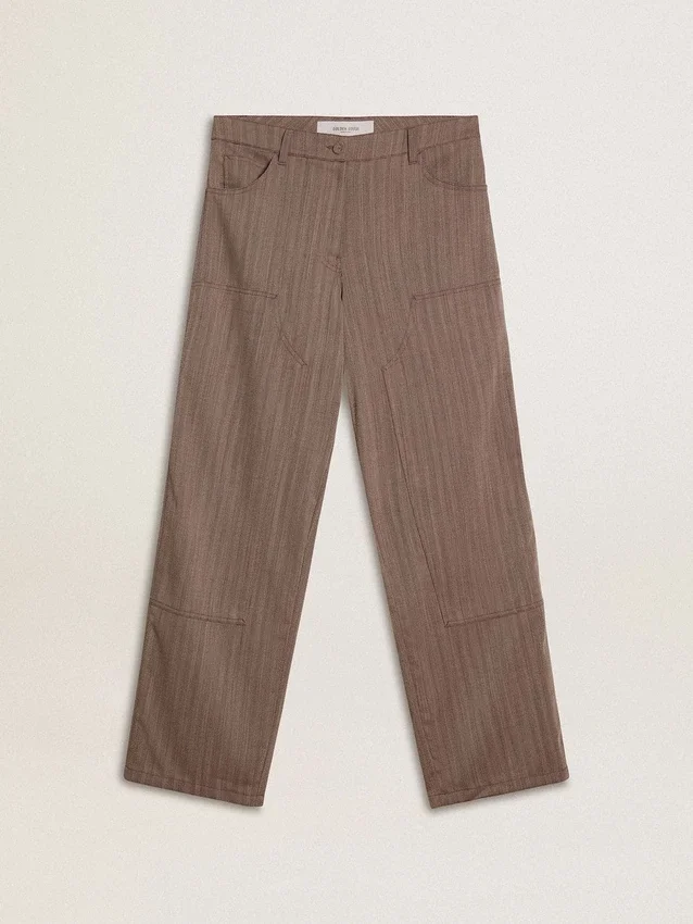 Pantaloni da donna in misto lana con motivo a micro chevron marrone chiaro