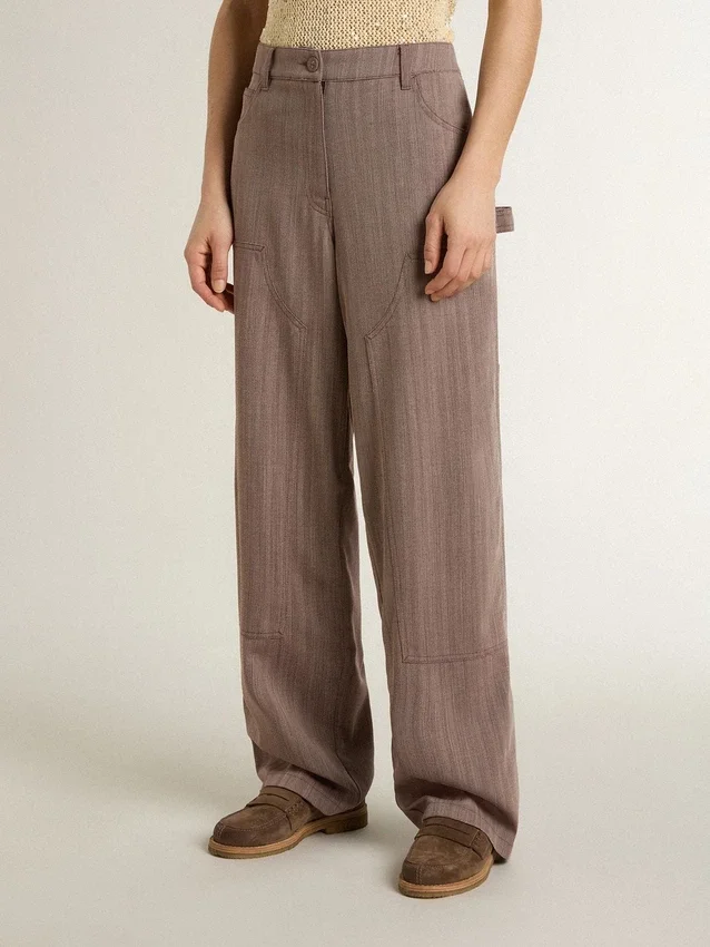 Pantaloni da donna in misto lana con motivo a micro chevron marrone chiaro