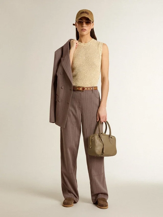 Pantaloni da donna in misto lana con motivo a micro chevron marrone chiaro