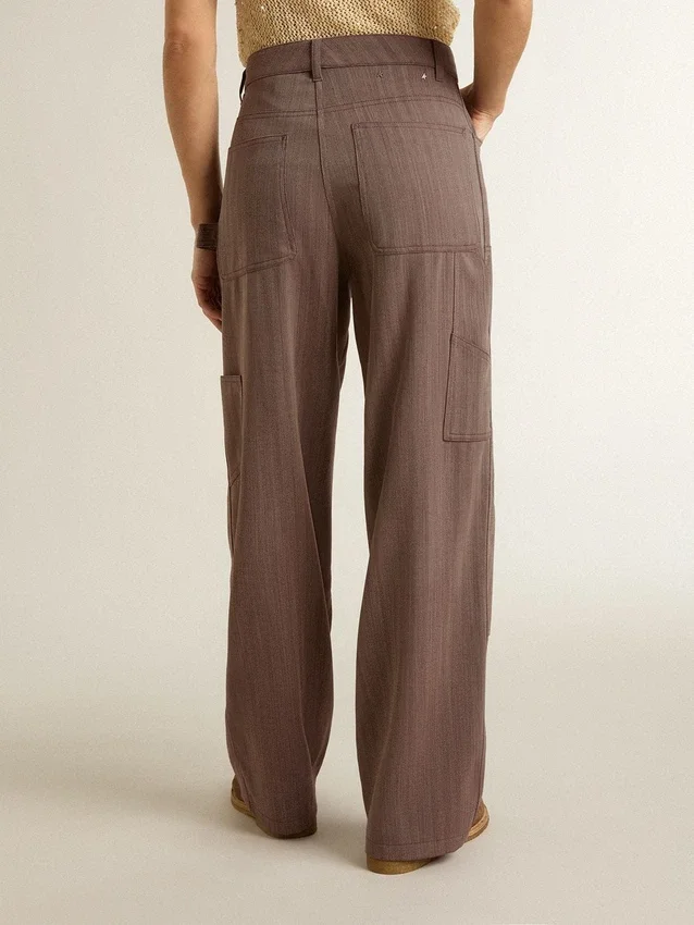 Pantaloni da donna in misto lana con motivo a micro chevron marrone chiaro