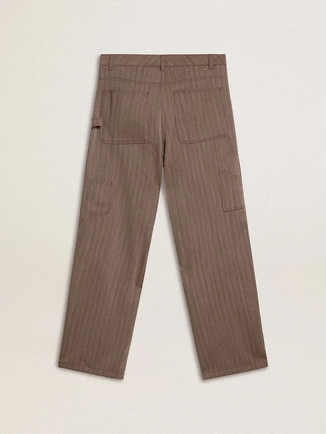 Pantaloni da donna in misto lana con motivo a micro chevron marrone chiaro