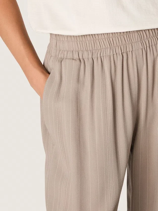 Pantaloni da donna in misto lana grigio con motivo gessato e vita elasticizzata