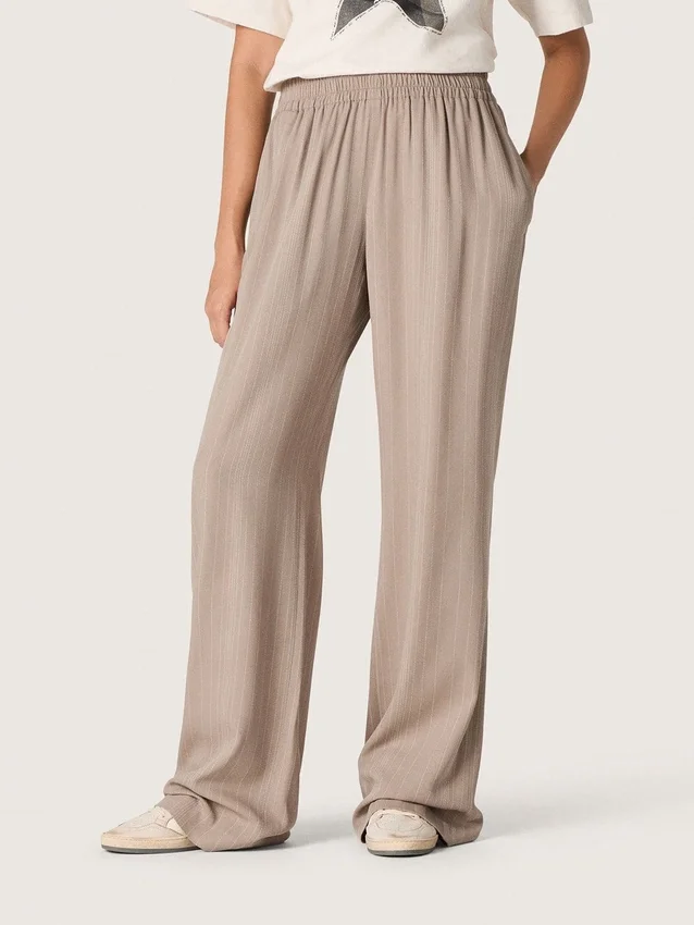 Pantaloni da donna in misto lana grigio con motivo gessato e vita elasticizzata