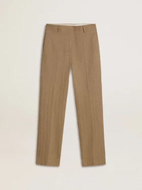 Pantaloni da donna in misto lino a spina di pesce color sabbia