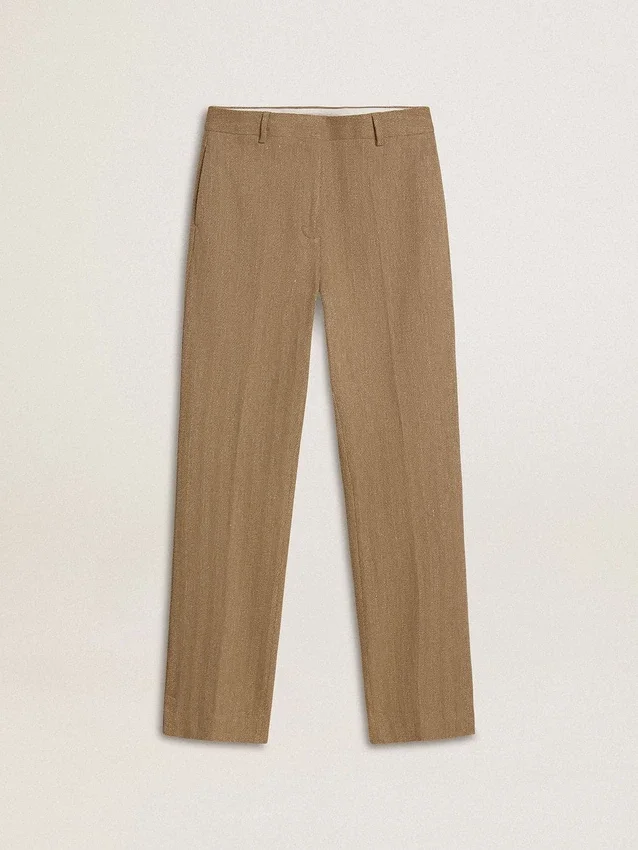 Pantaloni da donna in misto lino a spina di pesce color sabbia