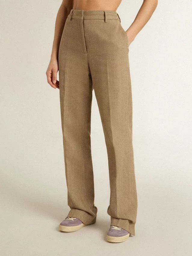 Pantaloni da donna in misto lino a spina di pesce color sabbia