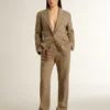 Pantaloni da donna in misto lino a spina di pesce color sabbia