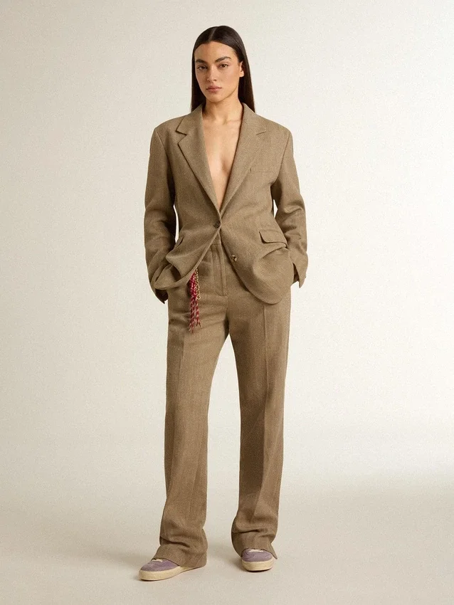 Pantaloni da donna in misto lino a spina di pesce color sabbia