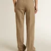 Pantaloni da donna in misto lino a spina di pesce color sabbia