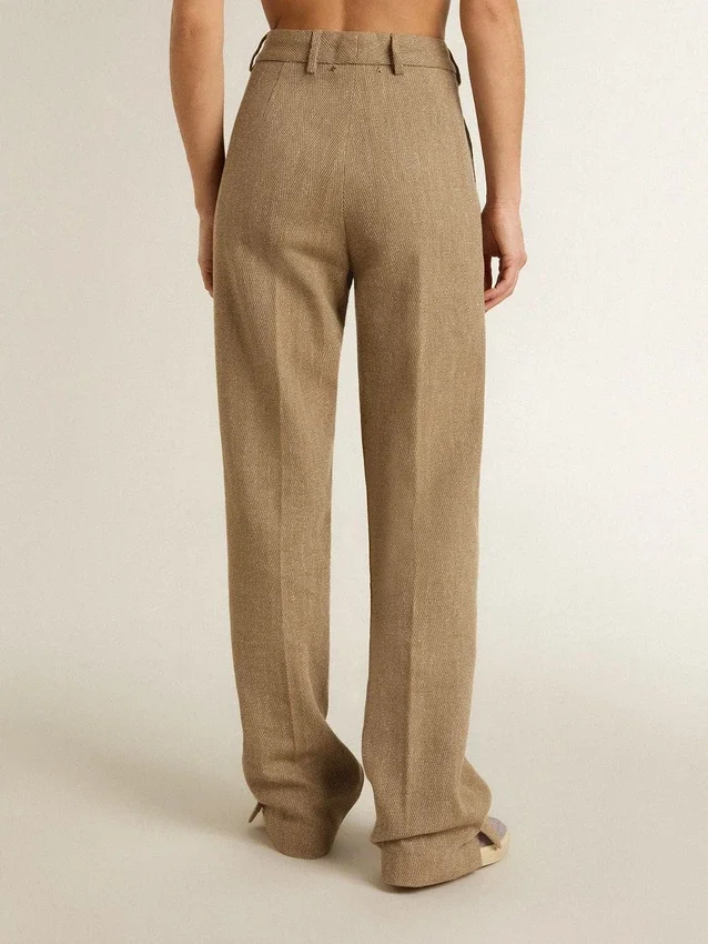 Pantaloni da donna in misto lino a spina di pesce color sabbia