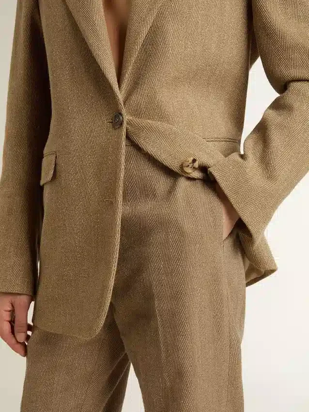 Pantaloni da donna in misto lino a spina di pesce color sabbia