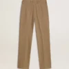 Pantaloni da donna in misto lino a spina di pesce color sabbia
