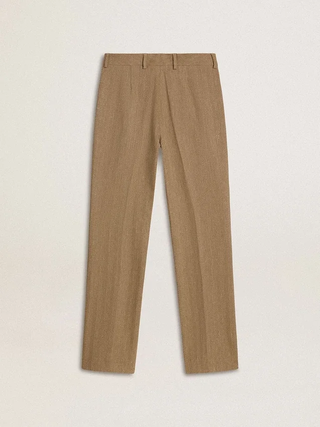 Pantaloni da donna in misto lino a spina di pesce color sabbia