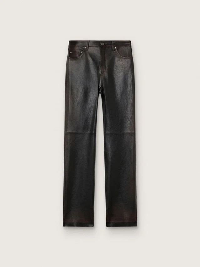Pantaloni da donna in nappa bordeaux scuro con finitura vintage