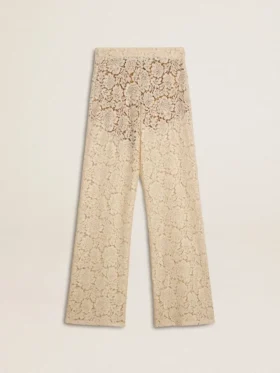 Pantaloni da donna in pizzo trasparente color crema
