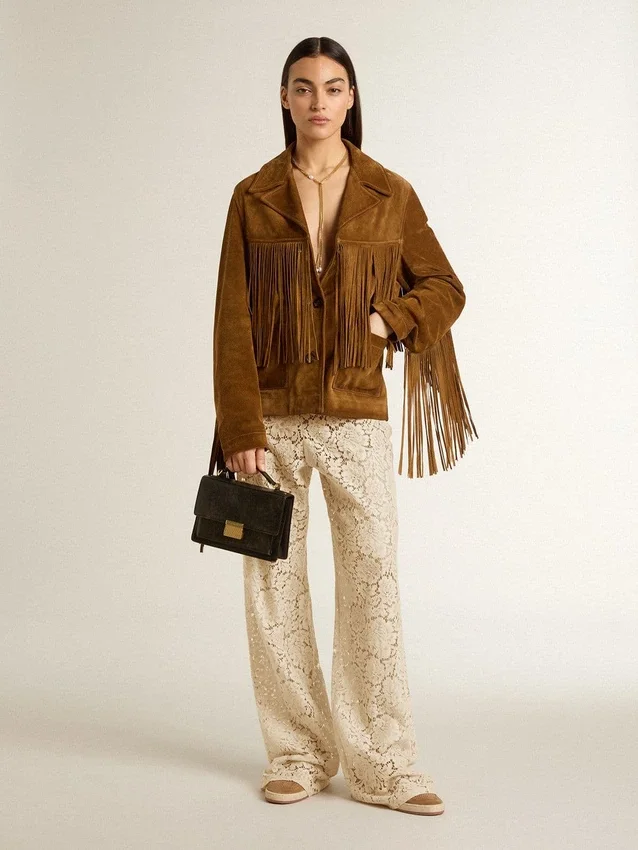 Pantaloni da donna in pizzo trasparente color crema