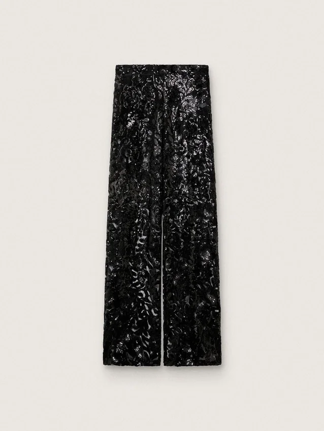 Pantaloni da donna in tulle con ricami floreali in paillettes nere