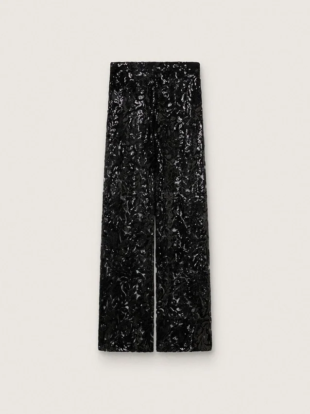 Pantaloni da donna in tulle con ricami floreali in paillettes nere